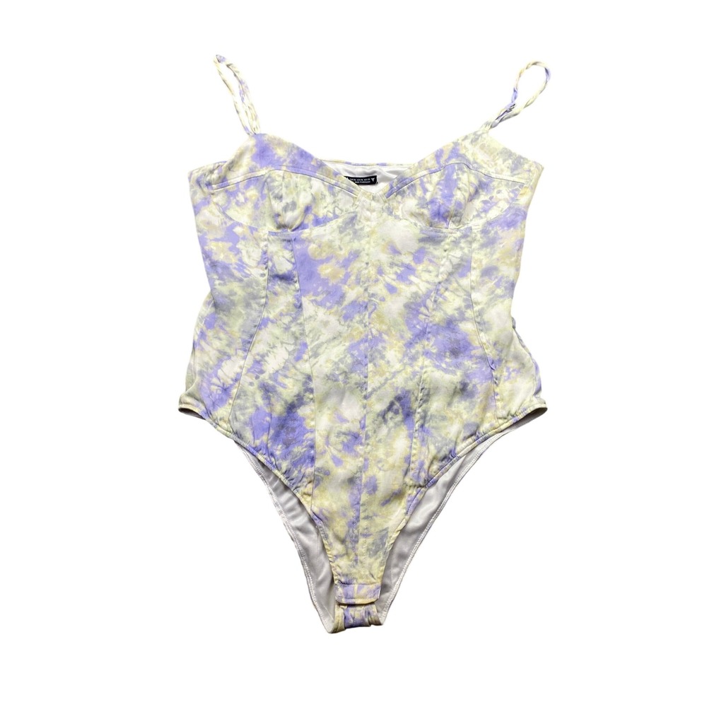 Zara Tie Dye Bodysuit Purple Yellow Sweetheart Neck Spaghetti Strap Womens XL‎